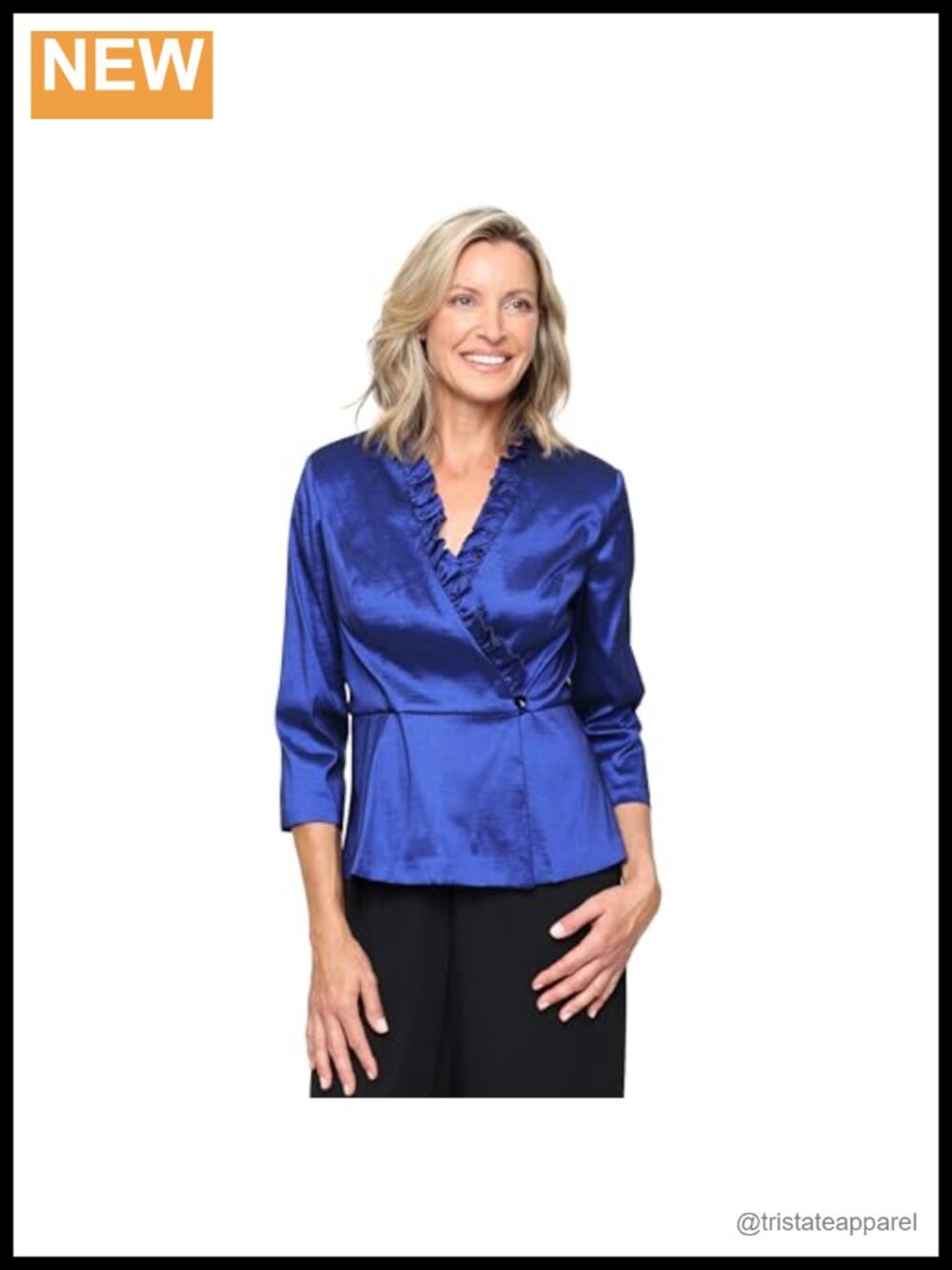 Alex Evenings Stretch Taffeta 3/4 Sleeve Formal Blouse Ruffle Collar Women's